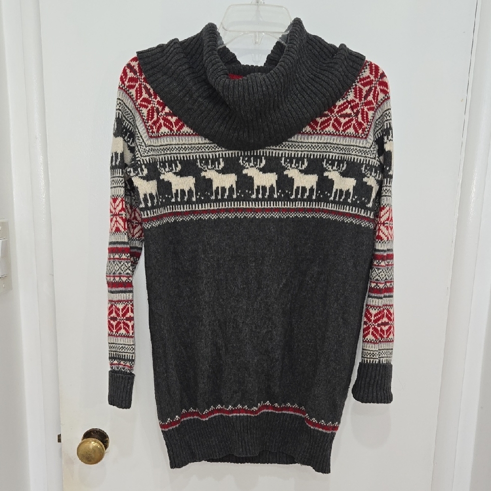 Cozy Gray Cowl Neck Wool Blend Sweater Moose Pattern Fair Isle Nordic Design